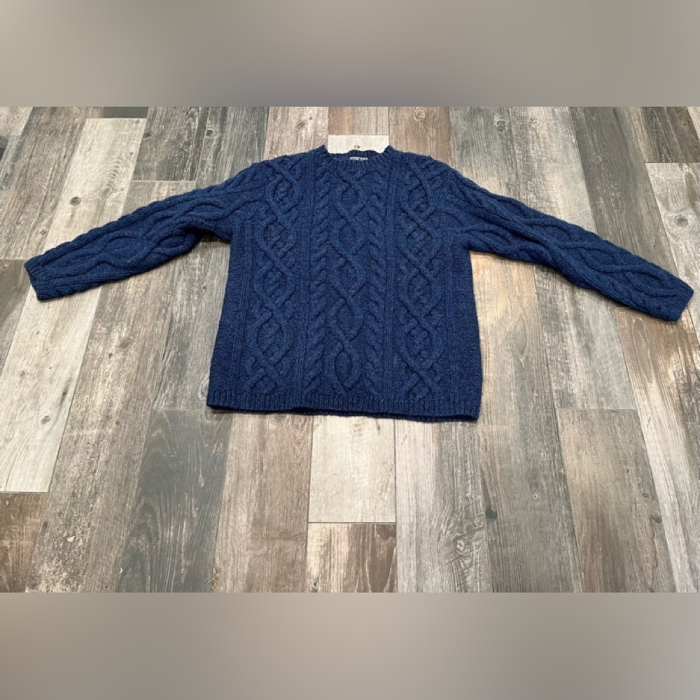 Lands' End Cable Knit Chunky Sweater Navy Blue 100% Wool Fisherman Nordic Med